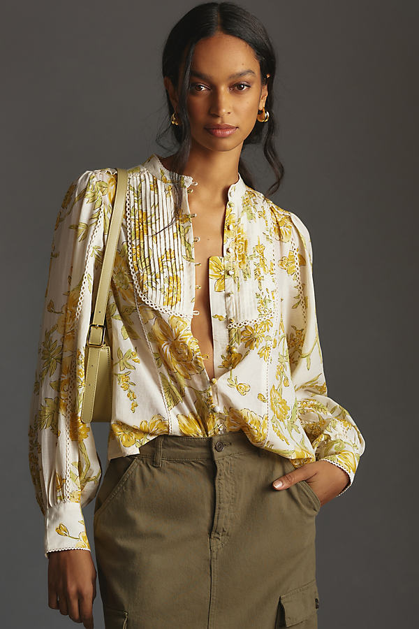 By Anthropologie Pintucked Printed Long-Sleeve Blouse