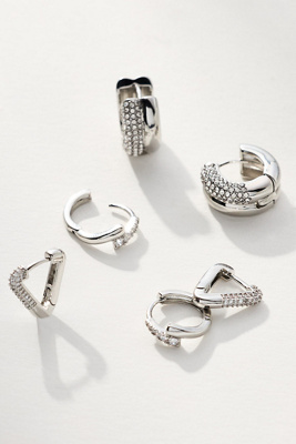 By Anthropologie Mixed Crystal Huggie Hoop Earrings, Set Of 3 In Silver