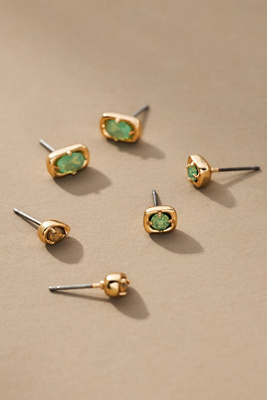 By Anthropologie Mixed Shapes Post Earrings, Set Of 3 In Green
