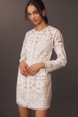 CYNTHIA ROWLEY LONG-SLEEVE EMBROIDERED CUTWORK LINEN BUTTON-FRONT MINI DRESS 