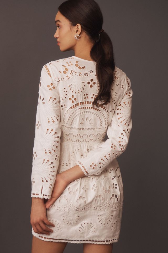 Cynthia Rowley Long-Sleeve Embroidered Cutwork Linen Button-Front Mini Dress