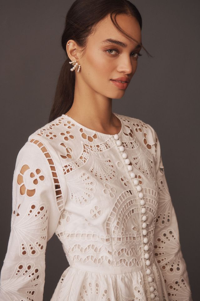 Cynthia Rowley Long-Sleeve Embroidered Cutwork Linen Button-Front Mini Dress #3
