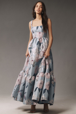 Mac Duggal Square-neck Floral Printed Satin Maxi Dress In Blue
