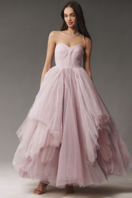 Mac Duggal Strapless Bustier Twist-top Ruffle Ball Gown In Pink