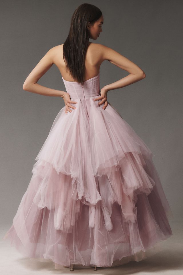 Mac Duggal Strapless Bustier Twist-Top Ruffle Ball Gown