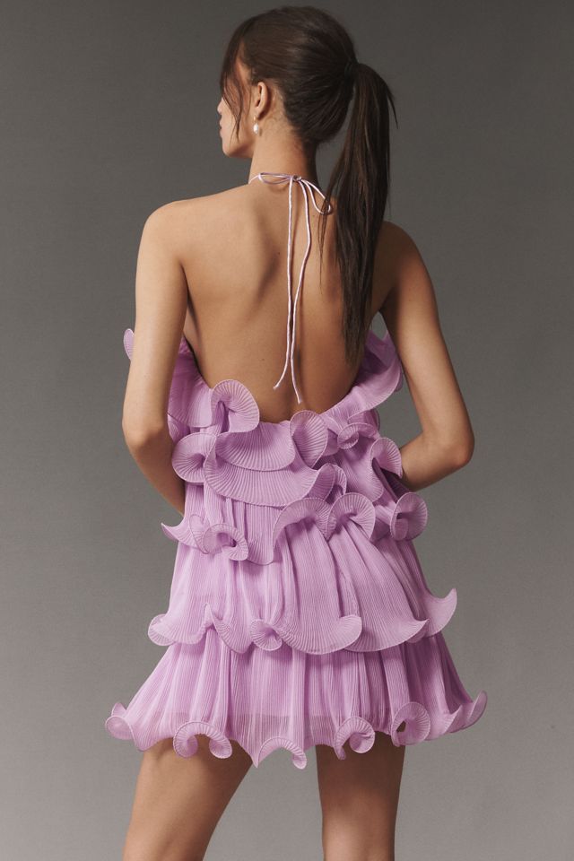 Mac Duggal Halter Tiered Ruffle Crinkle Chiffon Mini Dress #1