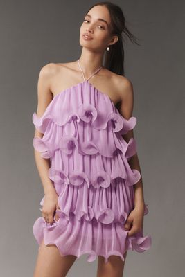 Mac Duggal Halter Tiered Ruffle Crinkle Chiffon Mini Dress