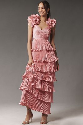 MAC DUGGAL FLORAL-STRAP TIERED RUFFLED PLEATED SATIN MAXI DRESS 