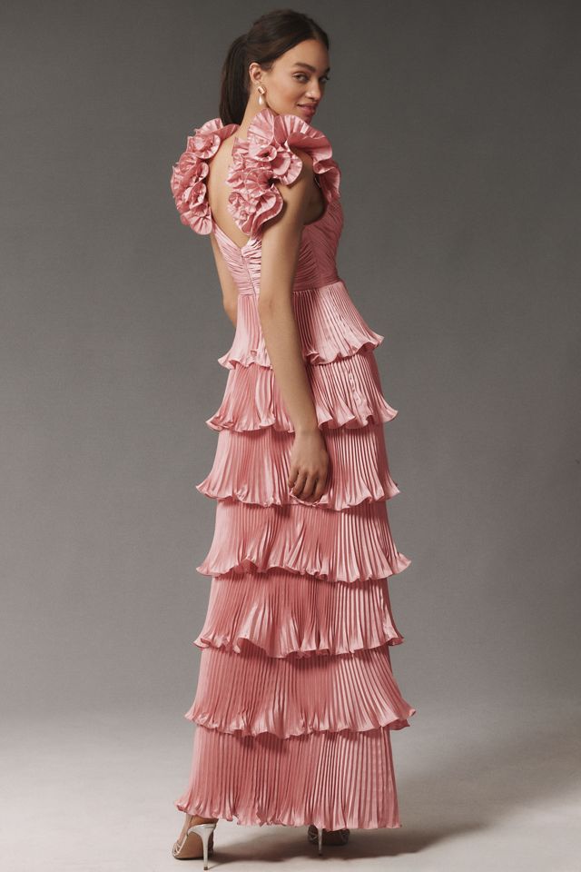 Mac Duggal Floral-Strap Tiered Ruffled Pleated Satin Maxi Dress #1