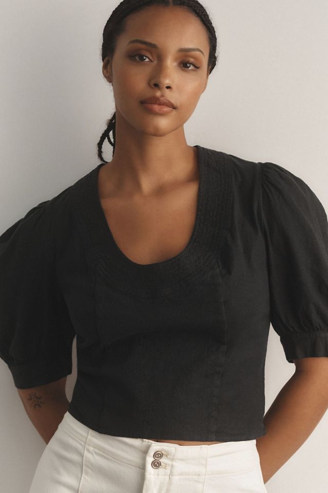 Puff-Sleeve Scoop-Neck Linen Top #3