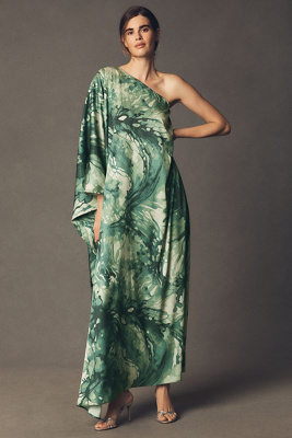 Diarrablu Satu Printed Long-sleeve One-shoulder Maxi Dress In Green