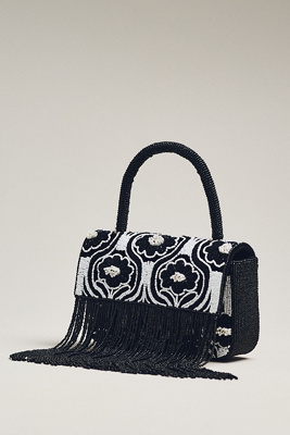 By Anthropologie Beaded Fringe Floral Shoulder Bag In Black