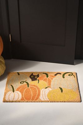 Black Cat in a Pumpkin Patch Printed Coir Doormat