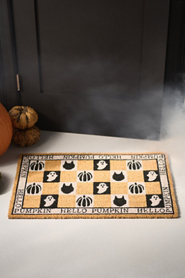 Hello Pumpkin Halloween Checkered Printed Coir Doormat - Anthropologie