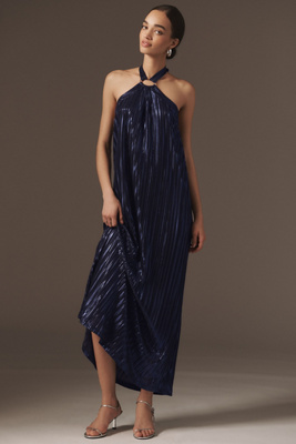 Nightcap Metallic Pleated Halter Gown In Blue