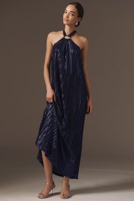 Nightcap Metallic Pleated Halter Gown