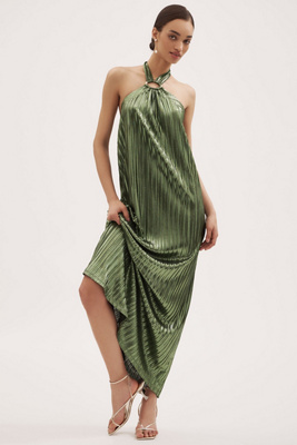 Nightcap Metallic Pleated Halter Gown In Green
