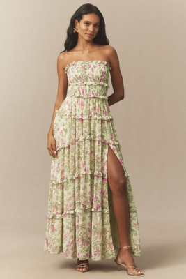 Bhldn Floral Chiffon Strapless Ruched Tiered A-line Midi Dress In Gold