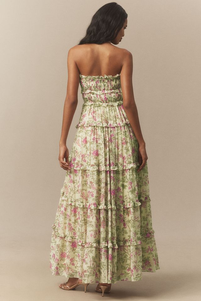 BHLDN Floral Chiffon Strapless Ruched Tiered A-Line Midi Dress #1