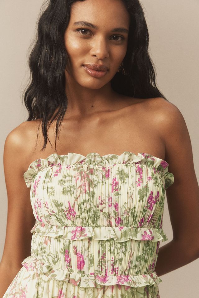 BHLDN Floral Chiffon Strapless Ruched Tiered A-Line Midi Dress #2