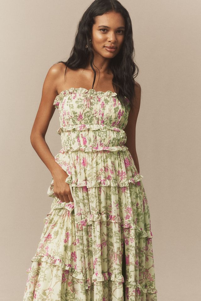BHLDN Floral Chiffon Strapless Ruched Tiered A-Line Midi Dress #3
