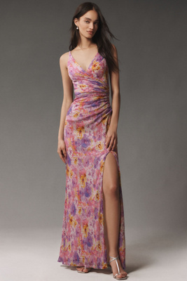 DRESS THE POPULATION JORDAN V-NECK RUCHED FITTED MAXI DRESS 