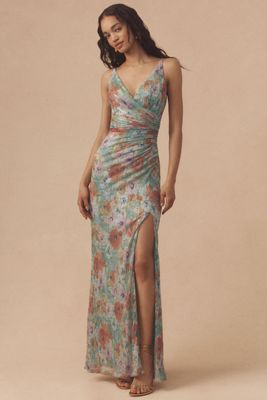 Dress The Population Jordan V-Neck Ruched Fitted Maxi Dress