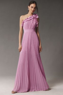 Dress The Population Vida One-shoulder Pleated Chiffon Maxi Dress