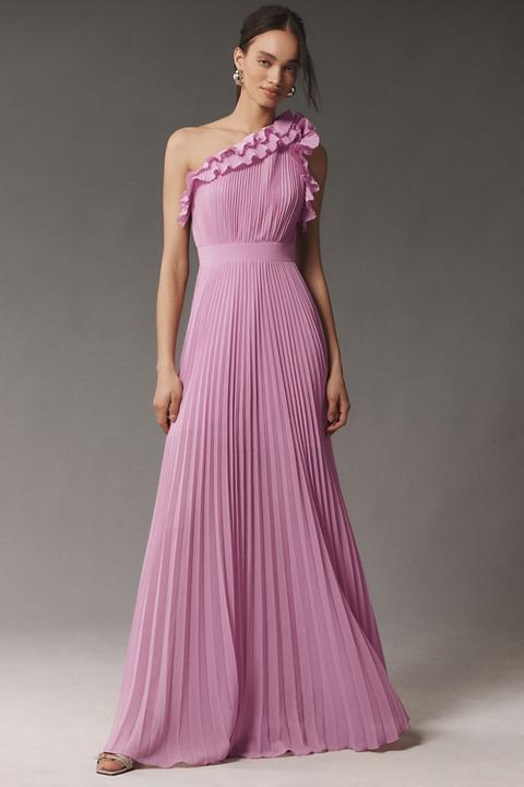 Dress The Population Vida One-Shoulder Pleated Chiffon Maxi Dress