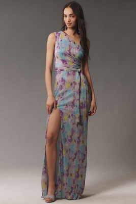 Dress The Population Bella One-shoulder Tie-waist Side-slit Plissé Maxi Dress