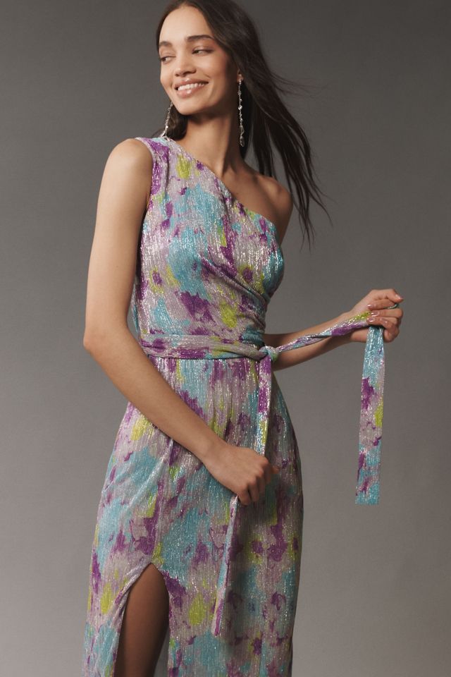 Dress The Population Bella One-Shoulder Tie-Waist Side-Slit Plissé Maxi Dress #1