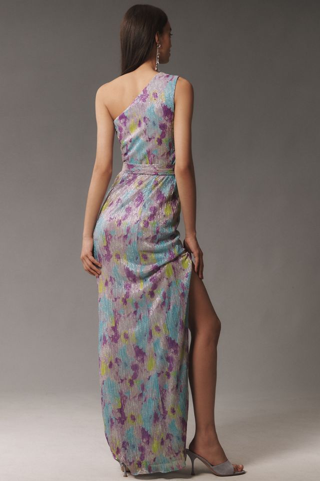 Dress The Population Bella One-Shoulder Tie-Waist Side-Slit Plissé Maxi Dress #2