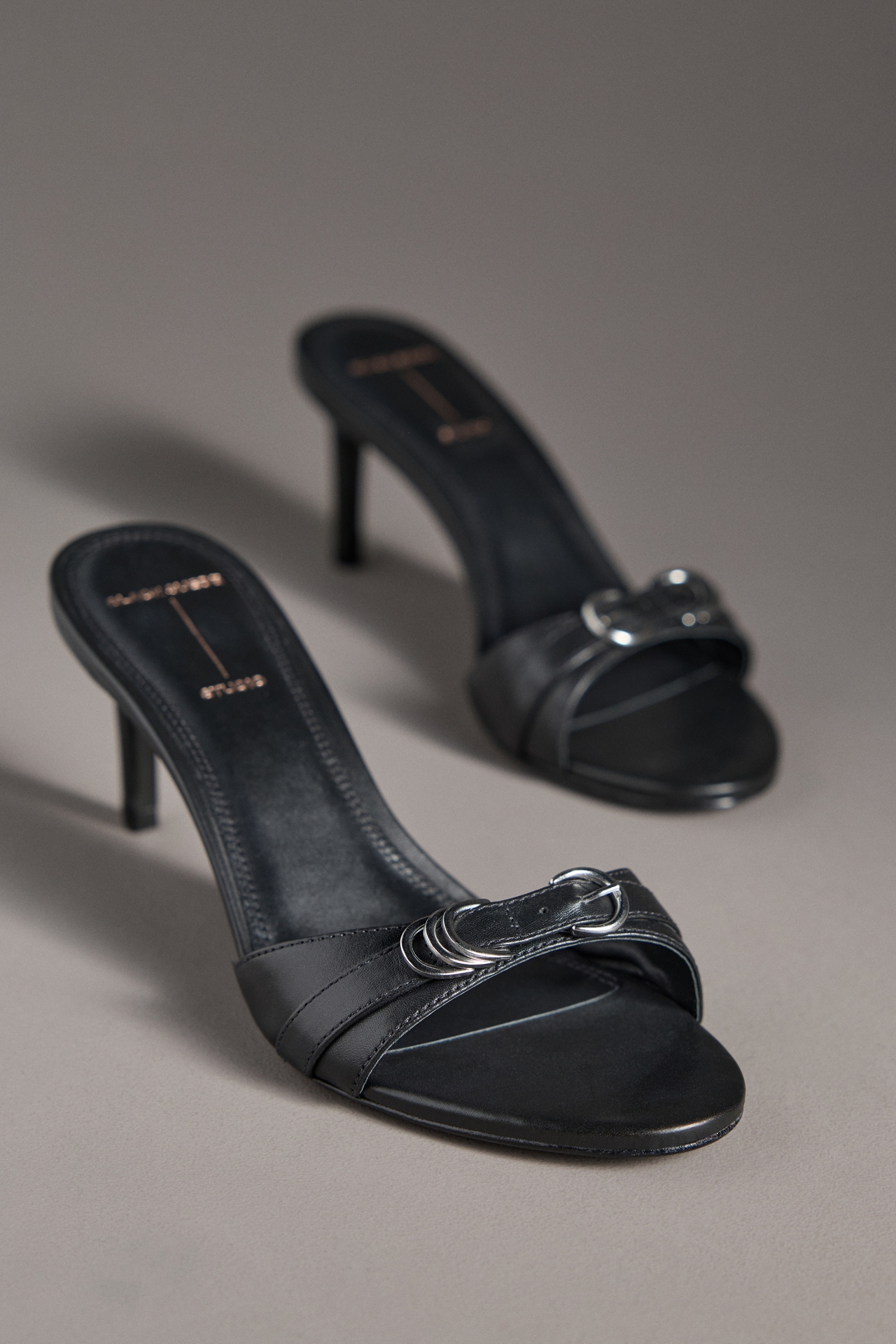 Black Suede Studio Joanna Leather Hardware High-Heel Slipper Mules