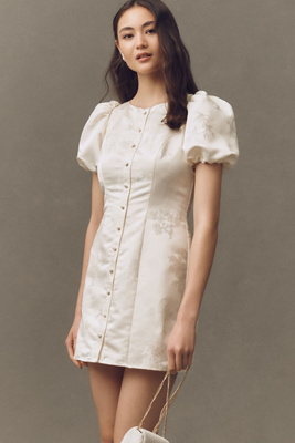 HUTCH PUFF-SLEEVE CREW-NECK JACQUARD BUTTON-FRONT MINI DRESS 
