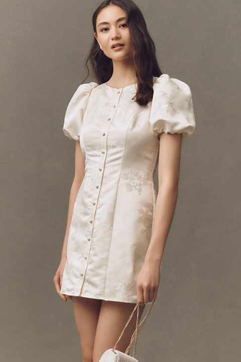 Hutch Puff-Sleeve Crew-Neck Jacquard Button-Front Mini Dress