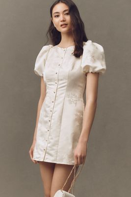 Hutch Puff-Sleeve Crew-Neck Jacquard Button-Front Mini Dress