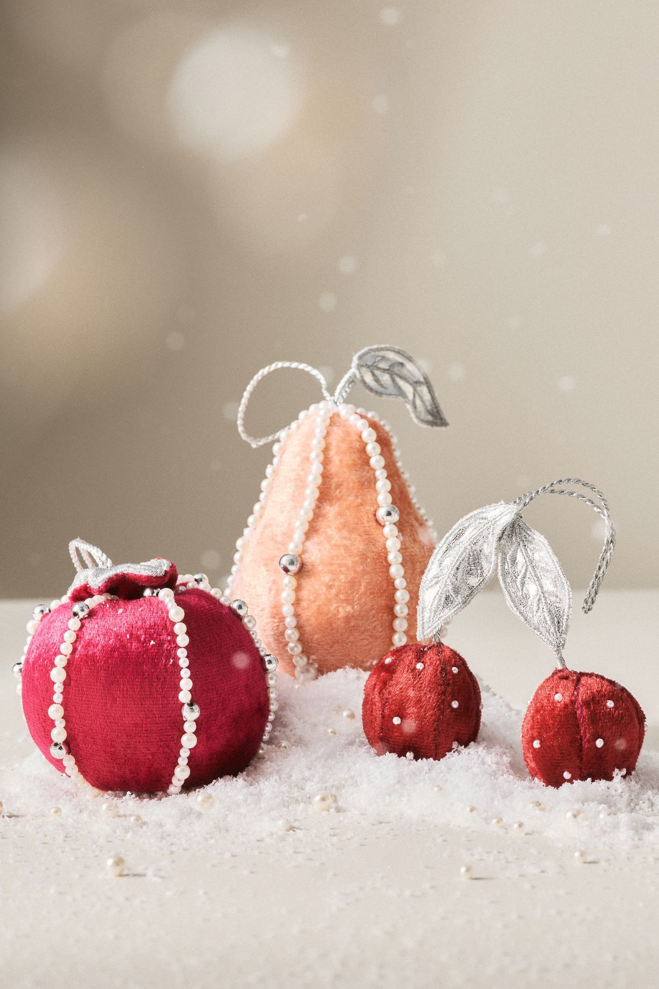 Pearled Velvet Fruit Ornament - Pear, One Size