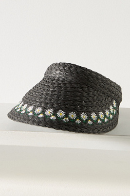 By Anthropologie Mini Icon Embroidered Straw Visor In Black