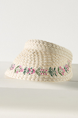 By Anthropologie Mini Icon Embroidered Straw Visor In White