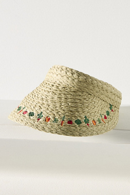 BY ANTHROPOLOGIE MINI ICON EMBROIDERED STRAW VISOR 