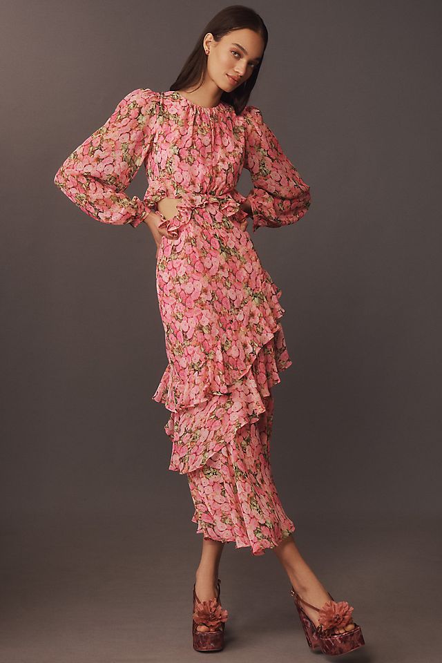 long sleeve floral midi dress Blouson 6 / Silk White/Multi Relaxed Sleeves Endless Rose Long-Sleeve Floral Ruffled
