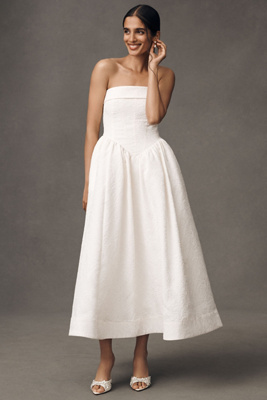 Bhldn Strapless Drop-waist Fit & Flare Jacquard Maxi Dress In White