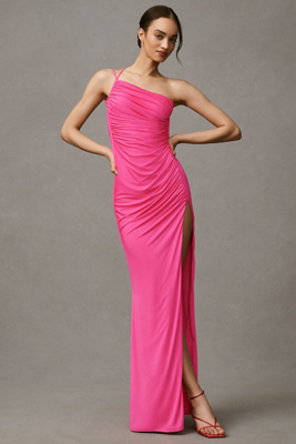 Katie May Rosalind One-shoulder Ruched Crisscross-back Column Maxi Dress