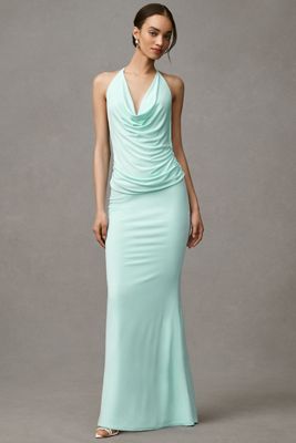 Katie May Selene Halter Cowl-Neck Mermaid Ruched Maxi Dress