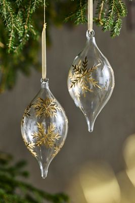 Etched Snowflake Glass Droplet Ornaments, Set of 2