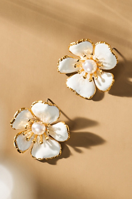 The Pink Reef Small Handpainted Floral Earrings In White