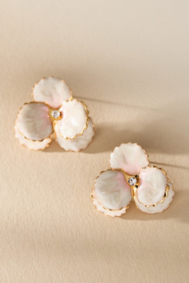 The Pink Reef Handpainted Pearl & Pink Pansy Stud Earrings In White