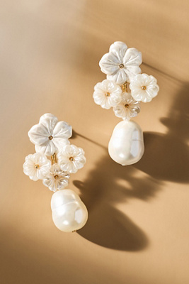 The Pink Reef Floral Cluster With Mother-of-pearl Drop Earrings In White