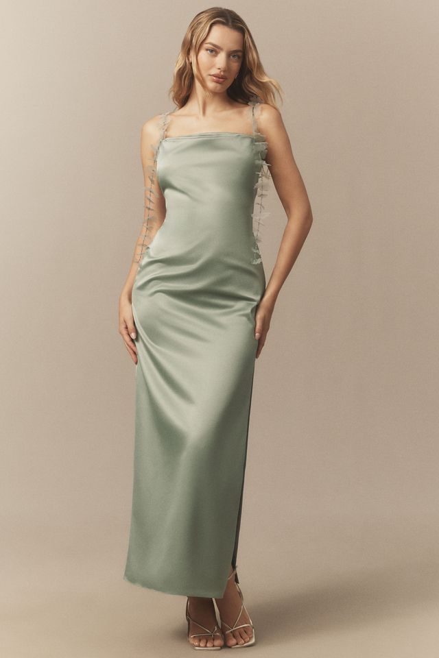 BHLDN Arabella Tendril-Sleeve Satin Maxi Dress
