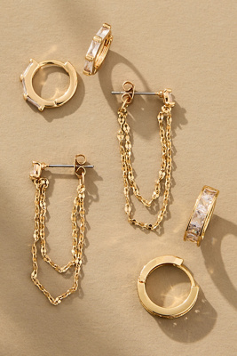 By Anthropologie Crystal Mixed Shapes Huggie Hoop Earrings, Set Of 3